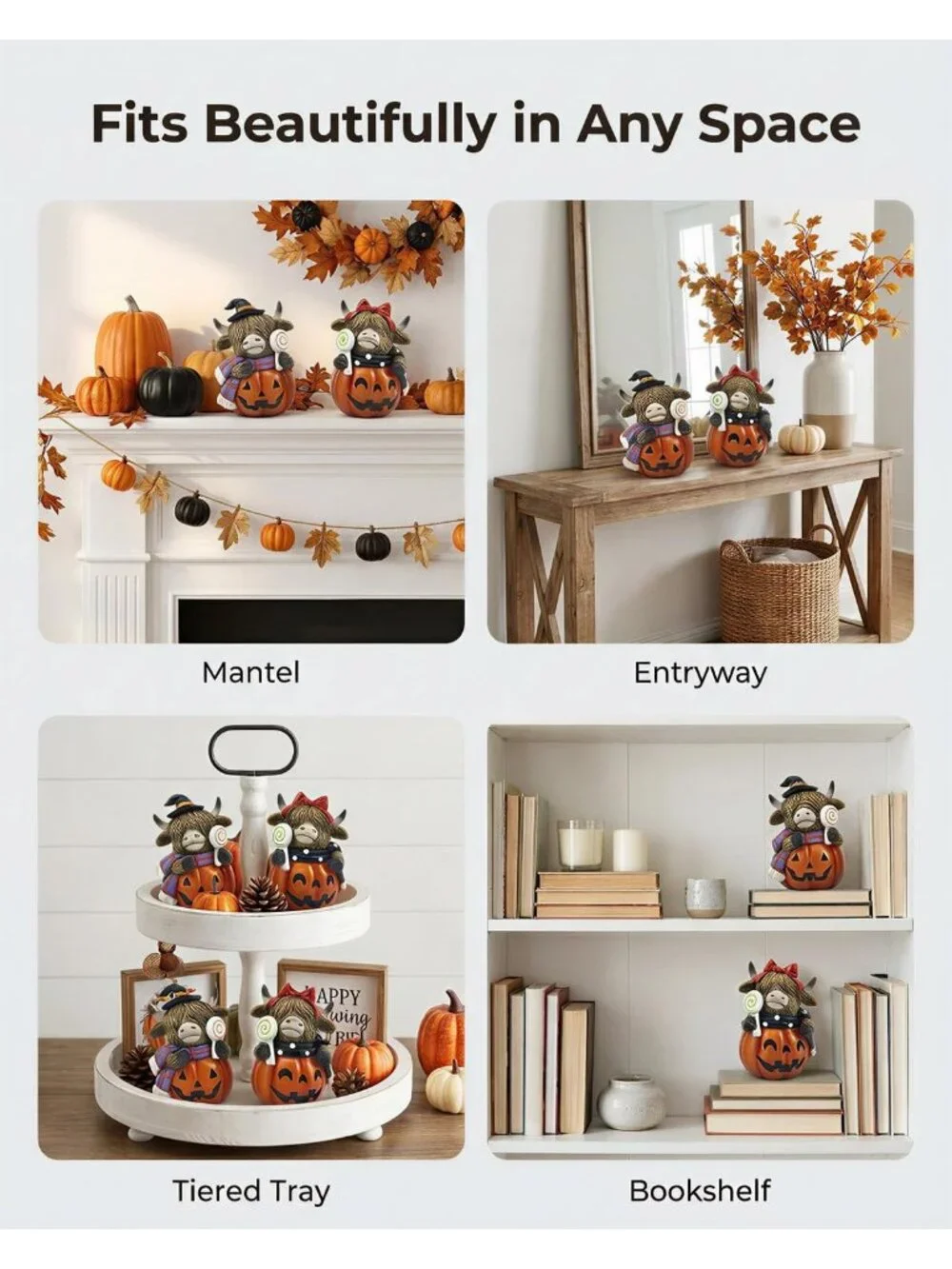 Highland Cow Jack Lantern Orange Brown Figurine Halloween Resin Farmhouse Décor